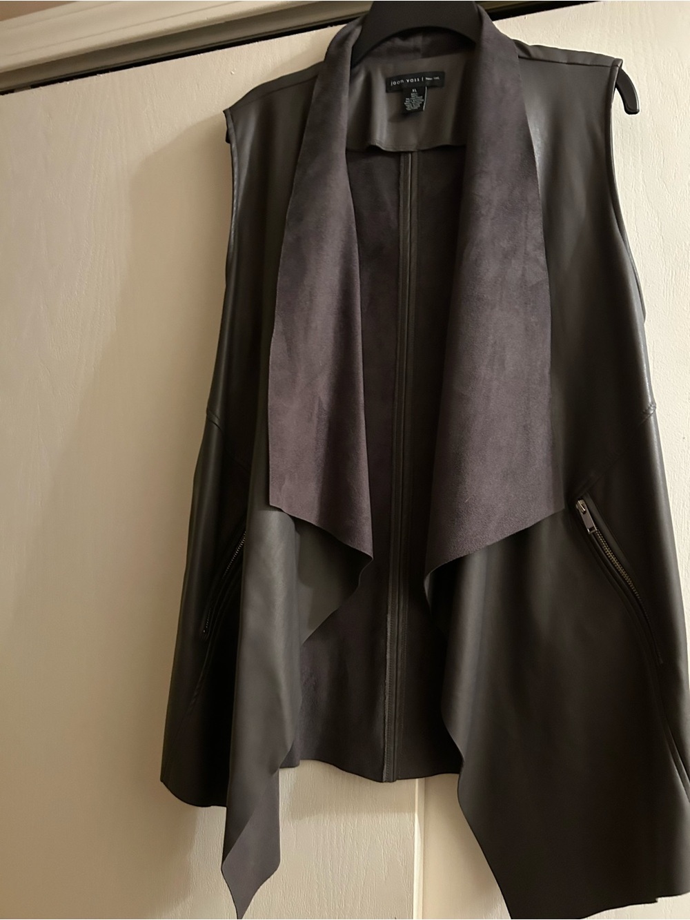 Joan Vass Black Draped Faux-Leather Vest with Charcoal Suede Collar